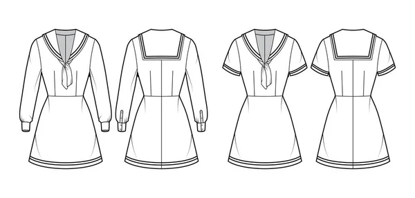 Set of Dresses sailor technical fashion illustration with short long sleeves, fitted, middy collar, stripes, mini length — Vector de stock