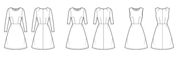 Set van jurken A-lijn technische mode illustratie met lange elleboog korte mouwen mouwloos, gemonteerd lichaam, knie rok — Stockvector