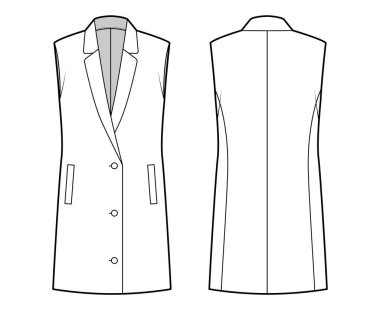 Kolsuz ceket yakalı yelek düğmeli, cepli, büyük beden ceketli teknik moda illüstrasyonu.