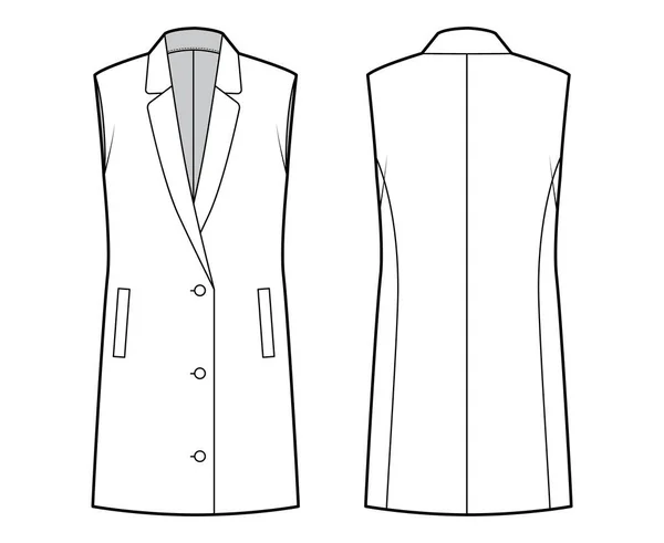 Jaqueta sem mangas colete lapela colete ilustração de moda técnica com fecho de botão para cima, bolsos, oversized —  Vetores de Stock