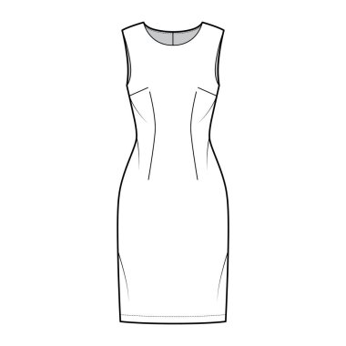 Kıyafet kılıfı teknik tasviri, kolsuz, vücuduna uygun, diz boyu kalem etekli. Düz giysi önü