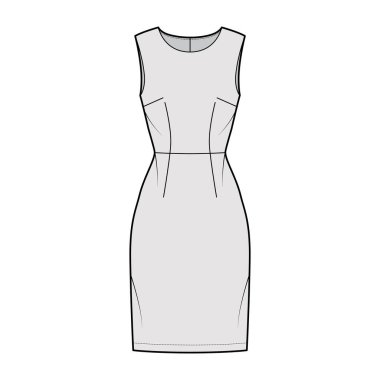 Kıyafet kılıfı teknik tasviri, kolsuz, doğal bel ölçüsü, diz boyu eteği. Düz giysi önü