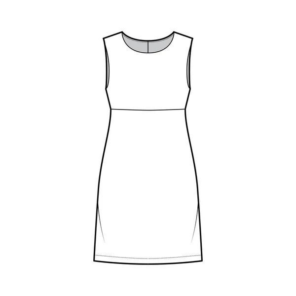 Vestido império linha técnica moda ilustração com mangas, corpo de grandes dimensões, joelho comprimento saia A-line. Vestuário plano —  Vetores de Stock