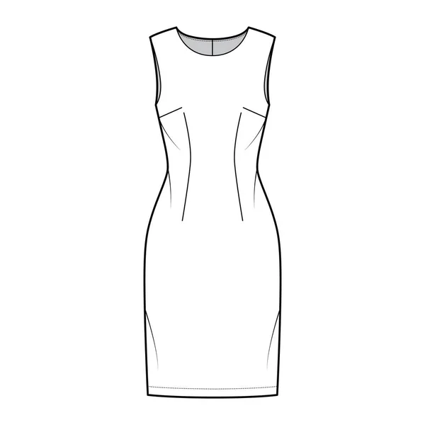 Vestido bainha técnica ilustração de moda com mangas, corpo equipado, saia de lápis de comprimento do joelho. Vestuário liso frente — Vetor de Stock