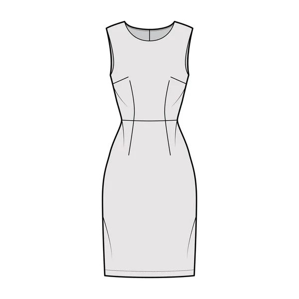 Vestido bainha técnica de moda ilustração com mangas, cintura natural, saia de comprimento do joelho. Vestuário liso frente — Vetor de Stock