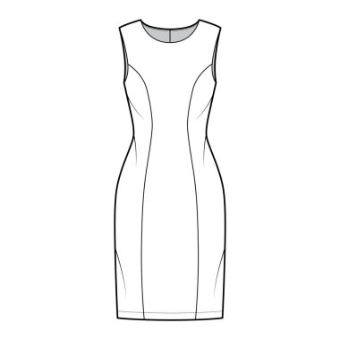 Dress princess line technical fashion illustration with sleeveless, fitted body, knee length pencil skirt. Flat apparel 
