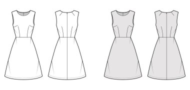 Kolsuz, düzgün vücutlu, doğal bel ölçüsünde, diz boyu etekli A-line bir moda çizimi. Düz