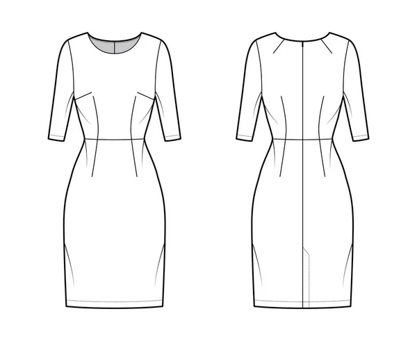 Šaty pochva technické módní ilustrace s přirozeným pasem, montované tělo, po kolena tužka sukně ploché oblečení — Stockový vektor
