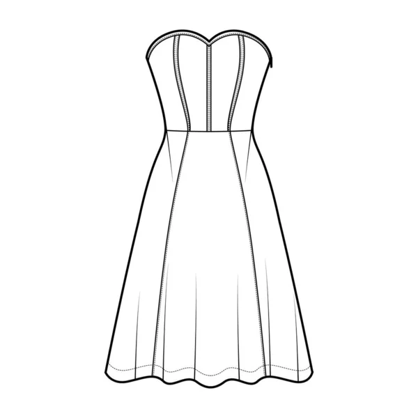 Kleidkorsett technische Mode Illustration mit ärmellosen, trägerlosen, taillierten Körper, knielangen kreisförmigen Rock. Flach — Stockvektor