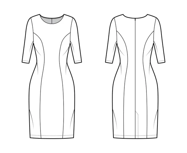 Vestido princesa linha técnica moda ilustração com mangas de cotovelo, corpo equipado, joelho comprimento lápis saia vestuário — Vetor de Stock