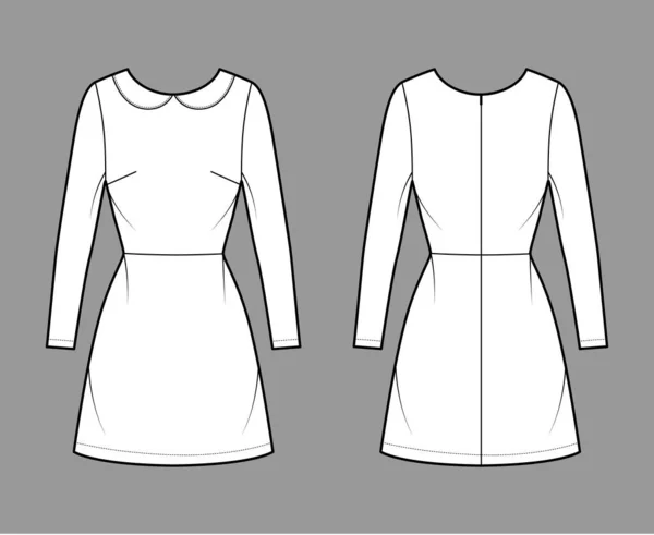 Robe A-line illustration de mode technique à manches longues, col rond, corps ajusté, jupe longueur au-dessus du genou — Image vectorielle