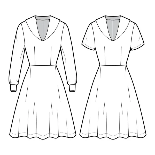 Conjunto de vestidos marinero ilustración técnica de moda con manga larga corta, ajustado, cuello medio, rayas, longitud de rodilla — Vector de stock