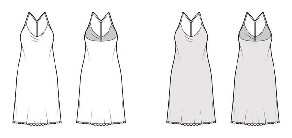 Сукня ковзає технічною ілюстрацією моди з великим тілом, спідницею з олівцем довжини коліна, гонщиком. Плоский одяг спереду — стоковий вектор