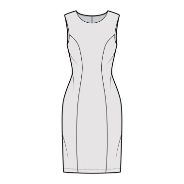 Dress princess line technical fashion illustration with sleeveless, fitted body, knee length pencil skirt. Flat apparel 