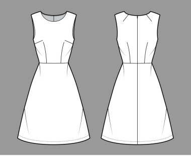 Kolsuz, düzgün vücutlu, doğal bel ölçüsünde, diz boyu etekli A-line bir moda çizimi. Düz