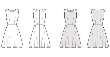 Fişekli patenci teknik moda illüstrasyonu kolsuz, vücuduna uyumlu, diz boyu yarı dairesel etekli. Düz