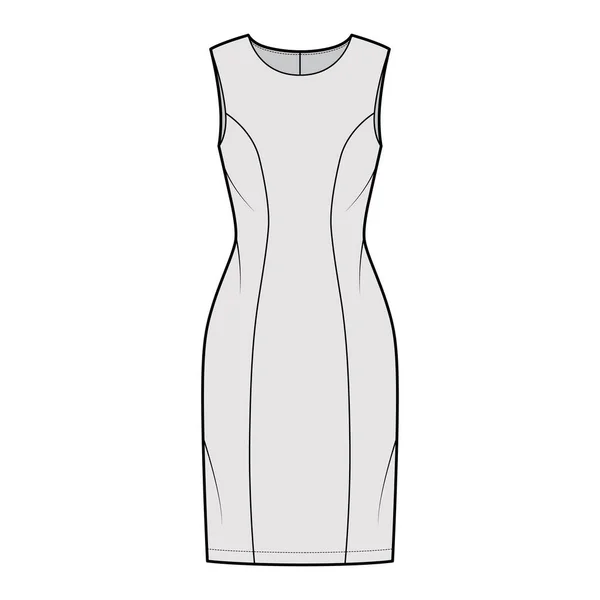 Jurk prinses lijn technische mode illustratie met mouwloze, gemonteerde lichaam, knie lengte potlood rok. Platte kleding — Stockvector