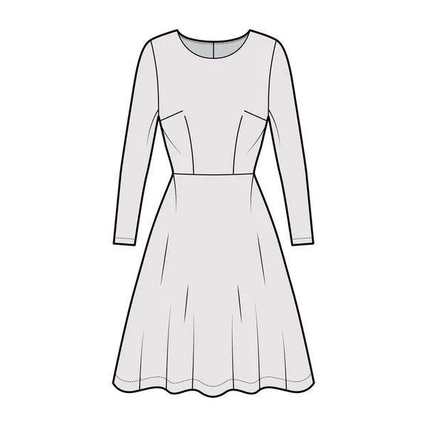 Sukienka flared skater ilustracja moda techniczna z długimi rękawami, dopasowany korpus, długość kolana spódnica półokrągła. Mieszkanie — Wektor stockowy