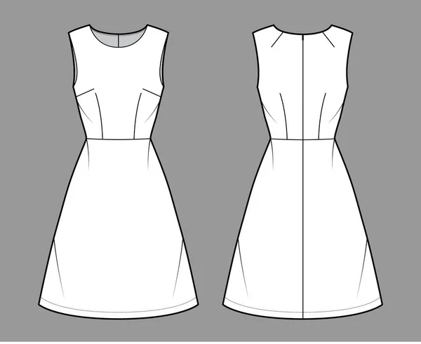 Vestido de una línea de ilustración técnica de moda con sin mangas, cuerpo ajustado, cintura natural, falda de longitud de rodilla. Plano — Vector de stock