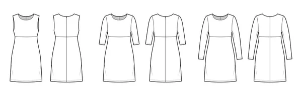 Conjunto de Vestidos linha império técnica moda ilustração com mangas compridas cotovelo sem mangas, corpo de grandes dimensões — Vetor de Stock