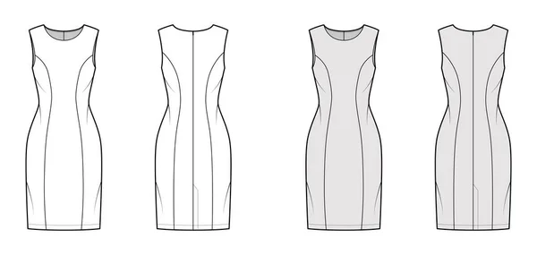 Dress princess line technical fashion illustration with sleeveless, fitted body, knee length pencil skirt. Flat apparel — Stok Vektör