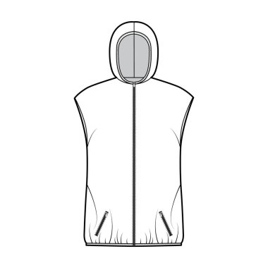 Kapüşonlu, kabarık yelekli, teknik moda illüstrasyonu fermuarlı, cepli, geniş, kalça uzunluğunda.