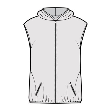 Kapüşonlu, kabarık yelekli, teknik moda illüstrasyonu fermuarlı, cepli, geniş, kalça uzunluğunda.