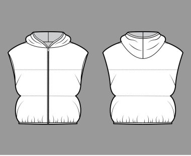 Kapüşonlu yelekli kabarık yelek teknik moda illüstrasyonu fermuarlı, gevşek, mahsul uzunluğunda, geniş yorgan kaplama