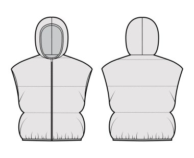 Kapüşonlu yelekli kabarık yelek teknik moda illüstrasyonu fermuarlı, gevşek, mahsul uzunluğunda, geniş yorgan kaplama