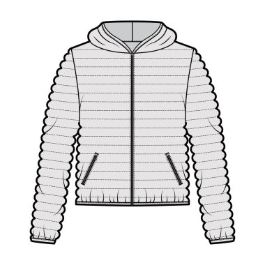 Kapüşonlu ceket. Uzun kollu, fermuarlı kapaklı, cebi dar, yorgan dikme tekniği.