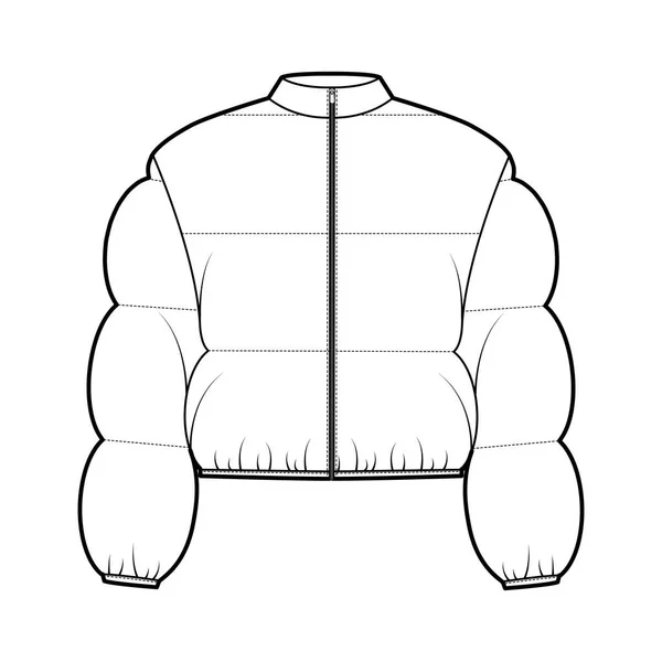 Down puffer jacka teknisk mode illustration med lång ärm, monterkrage, zip-up stängning, boxy passform, beskärs — Stock vektor