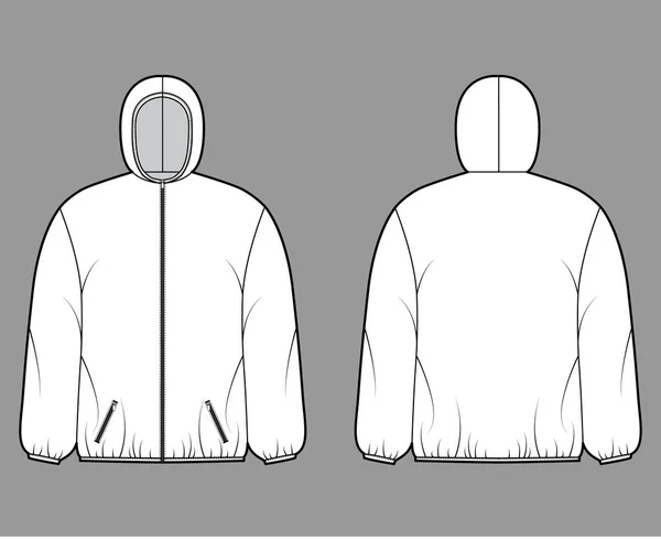 Puffermantel Jacke technische Mode Illustration mit langen Ärmeln, Kapuzenkragen, Taschen, boxige Passform, Hüftlänge — Stockvektor