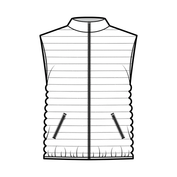 Down vest puffer waistcoat technical fashion illustration with stand collar, loose fit, hip length, narrow quilting — Stock Vector
