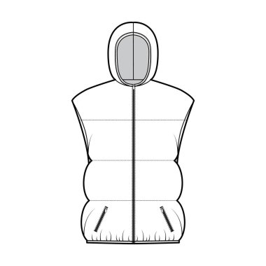 Kapüşonlu yakalı, fermuarlı, kalça uzunluğunda, geniş yorganlı yelek, teknik moda çizimi.
