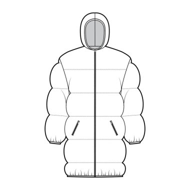 Kabarık ceketli, teknik desenli, kapüşonlu, fermuarlı, geniş, uyluk uzunluğunda.