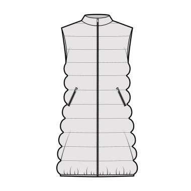 Yelekli, kabarık ceketli, kolsuz, yakalı, bol vücutlu, uyluk uzunluğunda teknik bir illüstrasyon.