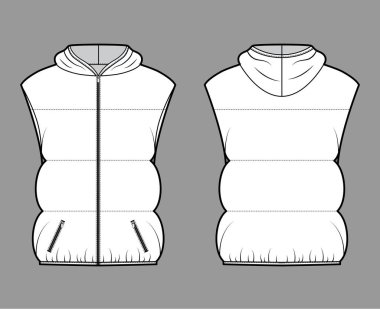 Kapüşonlu yakalı, fermuarlı, kalça uzunluğunda, geniş yorganlı yelek, teknik moda çizimi.