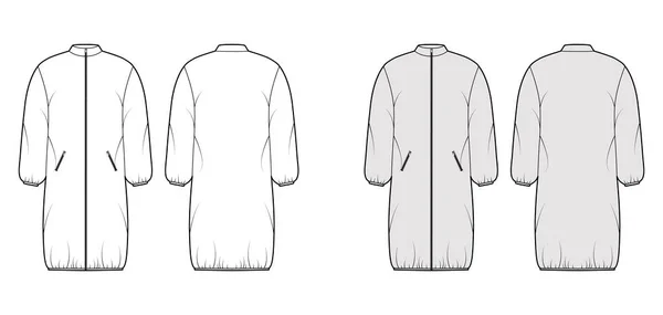 Κουκούλα σακάκι puffer τεχνική απεικόνιση μόδας παλτό με μακριά μανίκια, zip-up κλείσιμο, τσέπες, boxy, γόνατο μήκος — Διανυσματικό Αρχείο