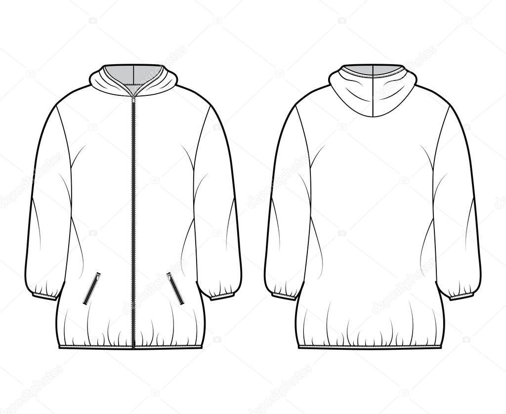 Down puffer coat jacket technical fashion illustration with long sleeves, hoody collar, zip-up closure, thigh length