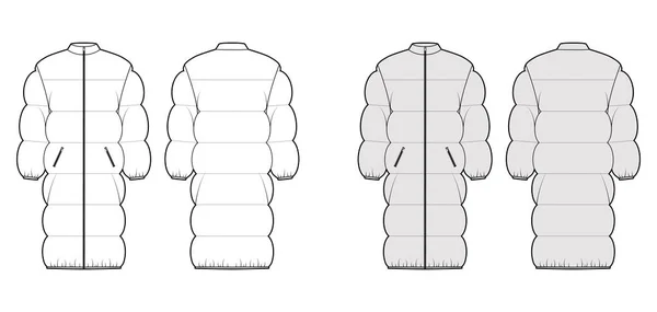 Down puffer jas technische mode illustratie met lange mouwen, standaard kraag, oversized, knie lengte — Stockvector