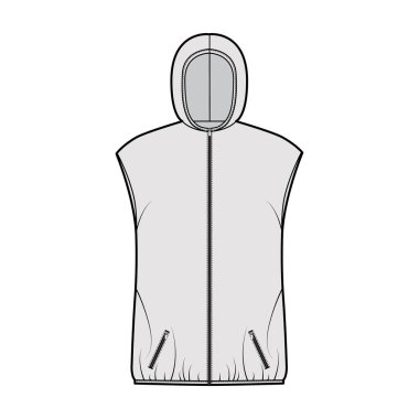 Kapüşonlu, kabarık yelekli, teknik moda illüstrasyonu fermuarlı, cepli, geniş, kalça uzunluğunda.