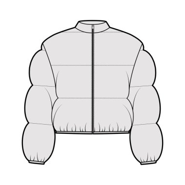 Uzun kollu, yakalı, fermuarlı, kasalı, kısa kesim ceketli, teknik moda illüstrasyonları.