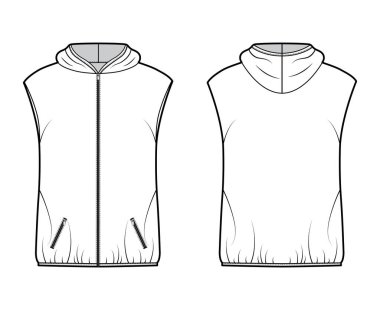 Kapüşonlu, kabarık yelekli, teknik moda illüstrasyonu fermuarlı, cepli, geniş, kalça uzunluğunda.