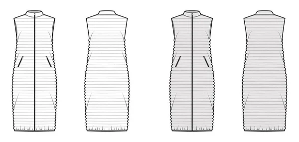 Γιλέκο γιλέκο puffer τεχνική απεικόνιση μόδας με αμάνικο, κολάρο περίπτερο, zip-up, τσέπες, midi μήκος — Διανυσματικό Αρχείο