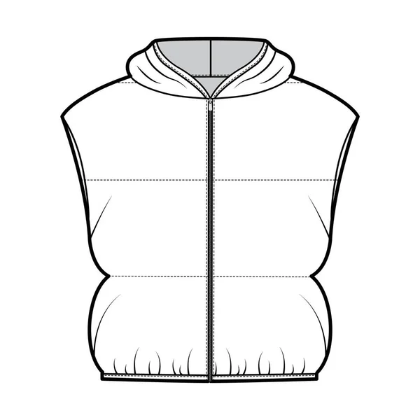 Hooded Down vest puffer waistcoat technical fashion illustration with zip-up closure, loose, crop length, wide quilting — Stock Vector