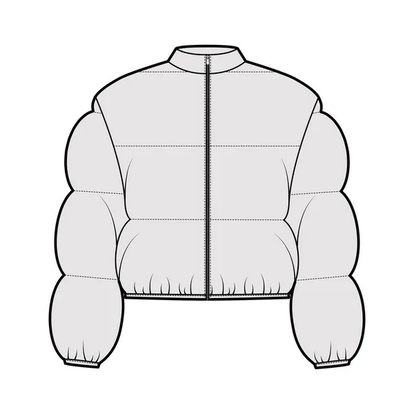 Down puffer σακάκι παλτό τεχνική εικόνα μόδας με μακρύ μανίκι, stand collar, zip-up κλείσιμο, boxy fit, περικοπή — Διανυσματικό Αρχείο