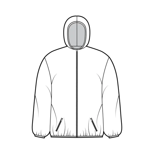 Veste manteau soufflé illustration de mode technique à manches longues, col à capuche, poches, coupe boxy, longueur de la hanche — Image vectorielle