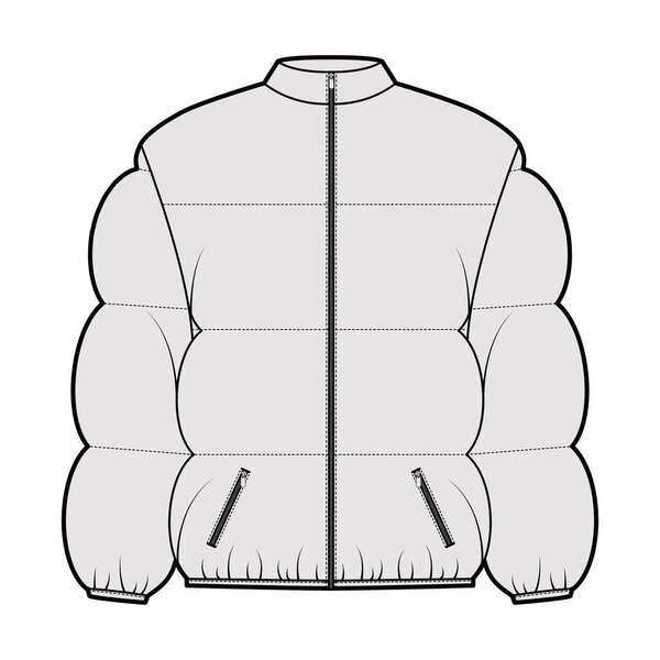 Down puffer coat jacket technical fashion illustration with stand, zip-up closure, boxy fit, hip length, wide quilting