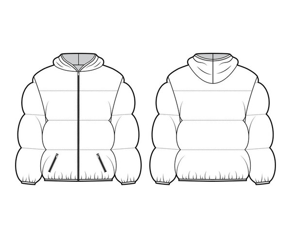 Hooded jacket Down puffer coat technical fashion illustration with long sleeves, pockets, hip length, wide quilting