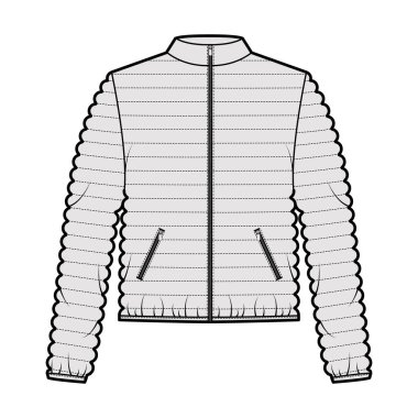 Uzun kollu, yakalı, fermuarlı kapaklı, cepli, kalça uzunluklu kabarık ceketli teknik tasvirler.